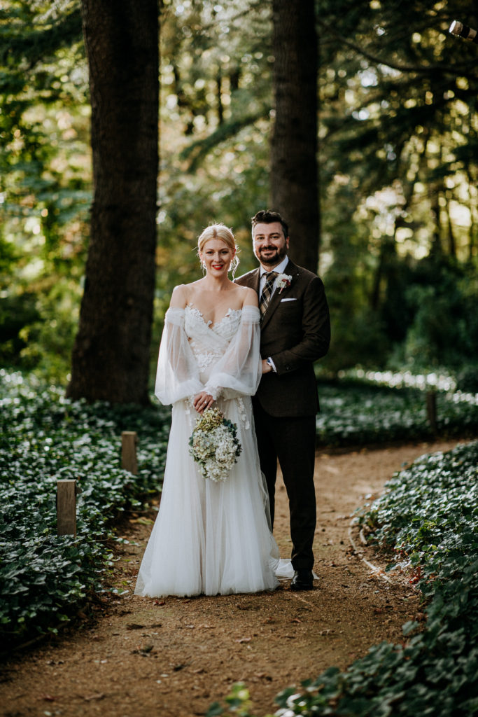 Bride and groom in forest