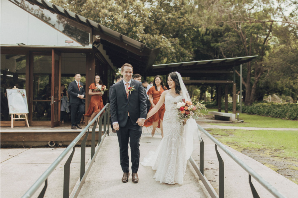 Bridal couple walking. 